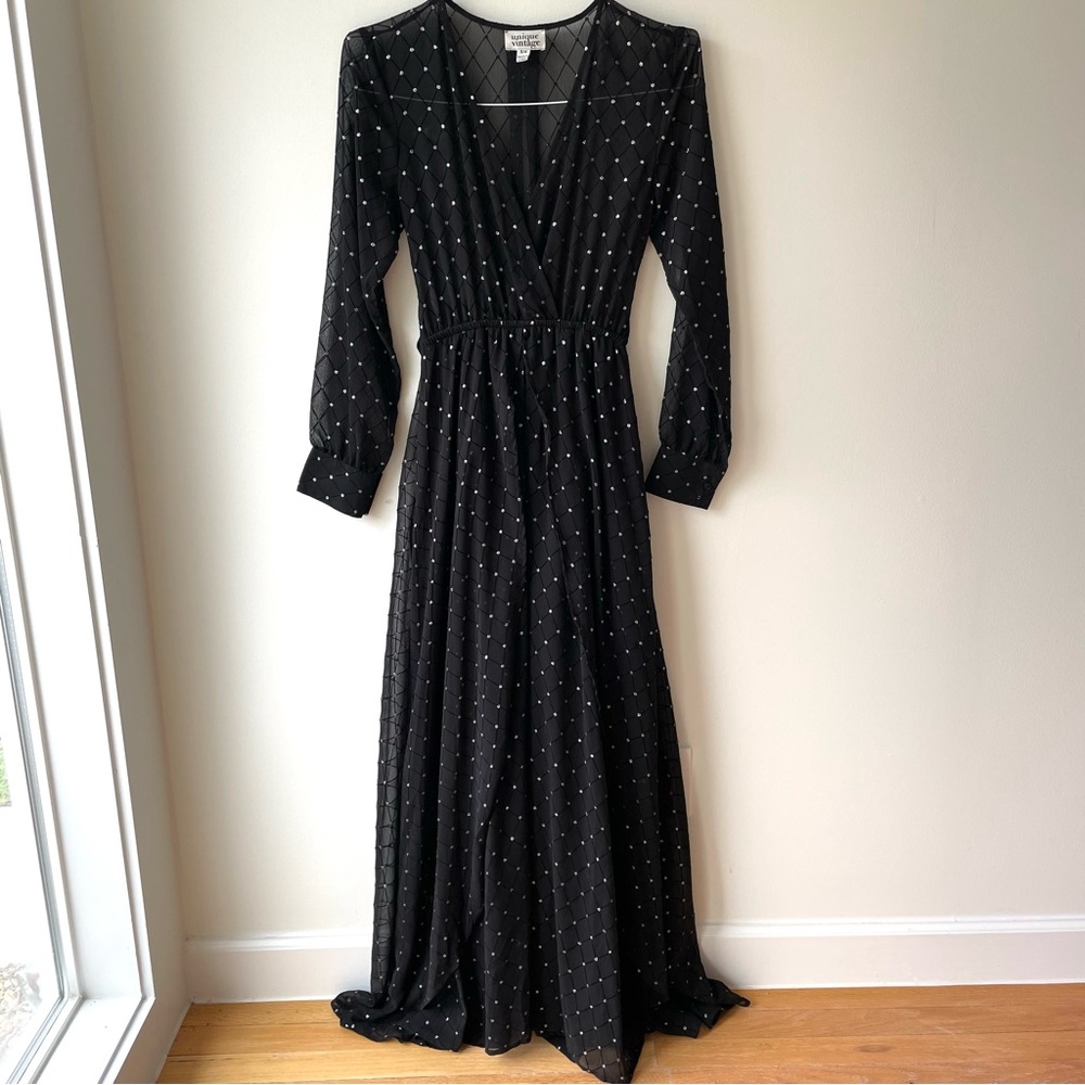 Unique Vintage Sheer Black Silver Sparkly Polka Dot Maxi Dress Small